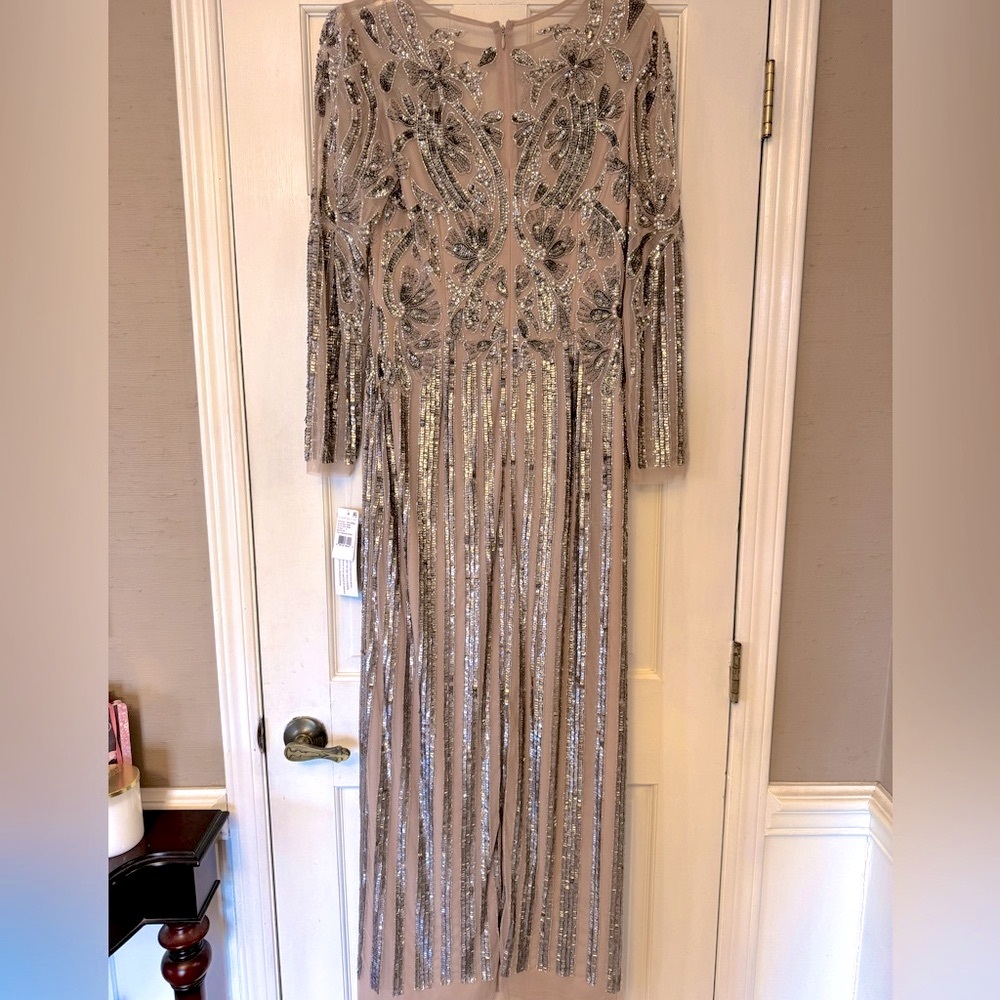 Aidan Mattox Silver Sequin-Beaded Nude Long Sleeve Gown